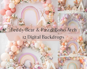 Teddy Bear and Pastel Boho Balloon Arch Digital Backdrops, Birthday Party, Cake Smash,Children Photo, Digital Background, Photoshop overlays