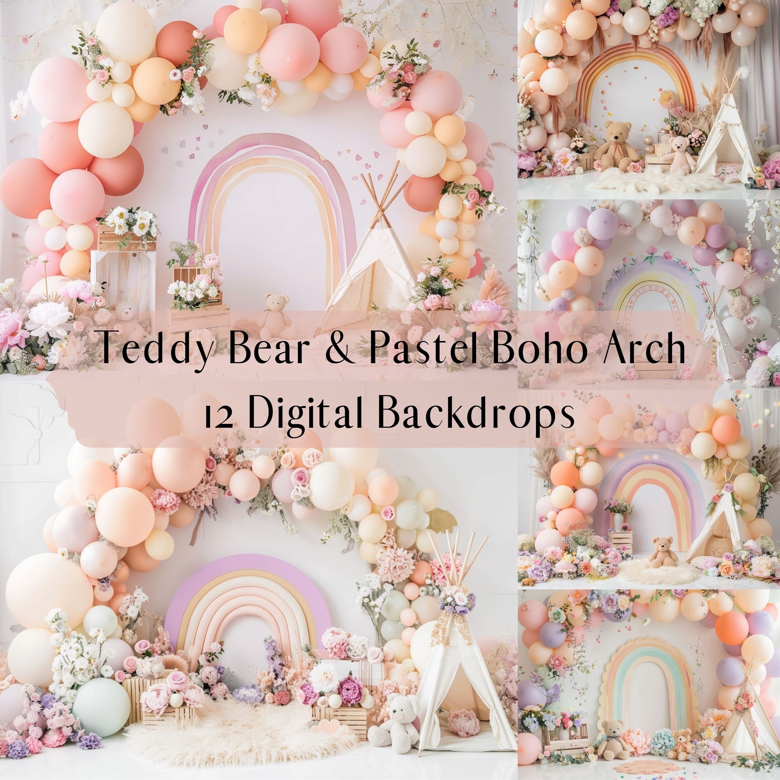 Teddy Bear and Pastel Boho Balloon Arch Digital Backdrops, Birthday Party, Cake Smash,Children Photo, Digital Background, Photoshop overlays