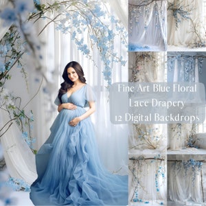 May include: Twelve digital backdrops featuring a blue floral lace drapery with a white background. The backdrops are perfect for maternity photoshoots.