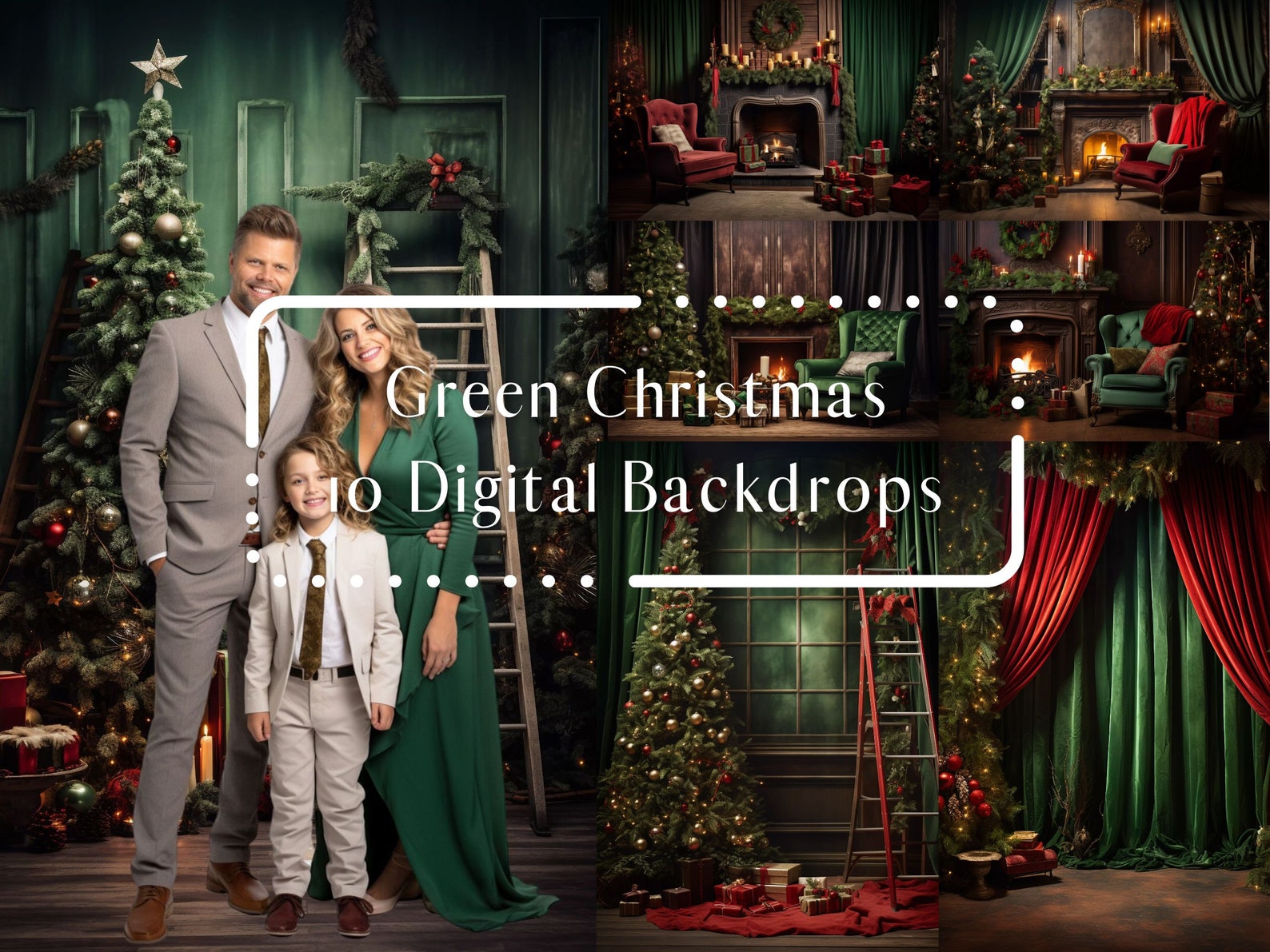 Classic Green Christmas Digital Backdrops, Outdoor Backdrops Holiday ...