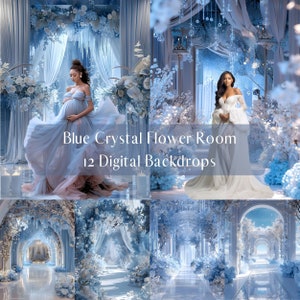 Blue Crystal Flower Room Digital Backdrops, Maternity Portrait Digital Overlays, Studio Photography Digital Background, Photoshop Overlays