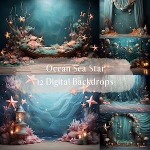 Fondos digitales Ocean Sea Star, fondos de estudio de fotografía infantil, superposiciones de Photoshop, fondo Cake Smash, fondo de cumpleaños de bebé