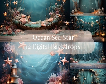 Ocean Sea Star Digital Backdrops, Child Photography Studio Backdrops, Photoshop overlays, Cake Smash Background, Baby Birthday Background