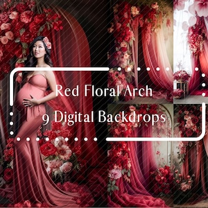 9 Red Floral Arch Fine Art Digital Backdrops, Photoshop Texture Overlays, Maternity Backdrop Overlays, Studio Photography Digital Background