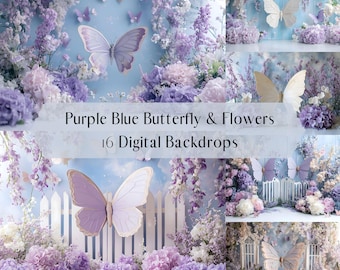 Grillige vlinder en bloemen digitale achtergrond, Photoshop-overlays, studiofotografie digitale achtergrond, moederschapsportret, cake Smash
