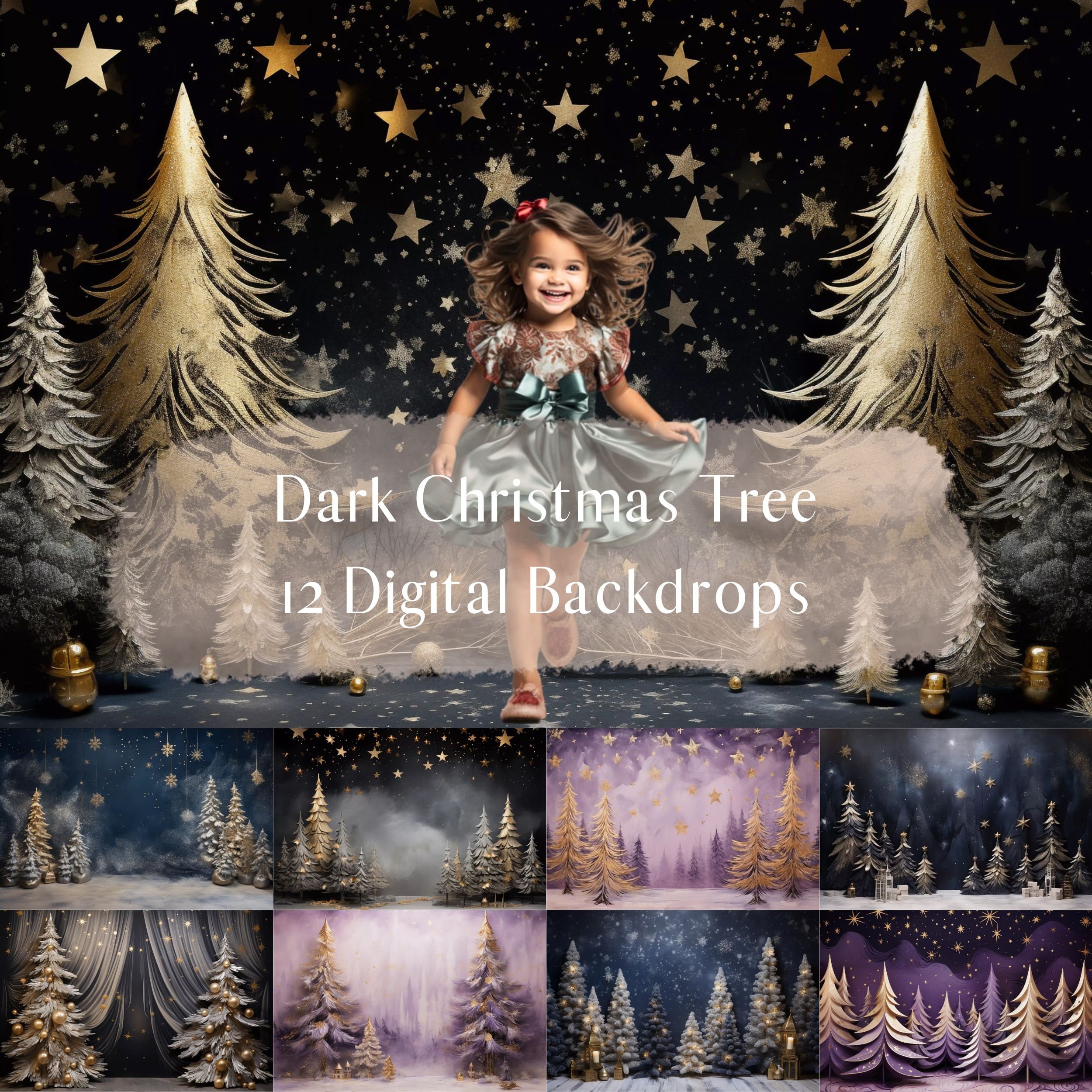 Dark Christmas Tree Digital Backdrops, Composite Backdrops Holiday ...