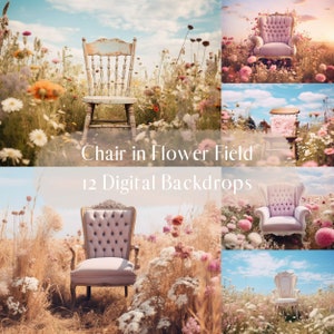 Chair in Flower Field Digital Backdrops, Maternity Family Wedding Engagement Photography Digital Background, Photoshop Overlays Outdoor