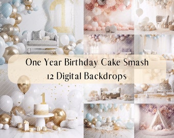 One Year Birthday Digital Backdrops, Studio Backdrops Cake Smash, Photoshop overlays,Kids Family Photography Digital Background,Pastel color