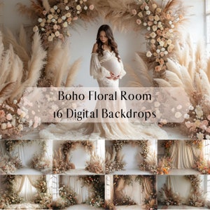 Boho Floral Room Digital Backdrops, White Room,Maternity Wedding Portrait Photography Overlays, Studio Digital Background,Photoshop Overlays