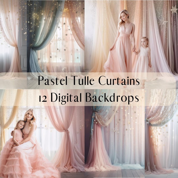 Pastel Tulle Curtains Digital Backdrops, Photoshop Overlays, Maternity Kids Portrait Backdrops, Dance Studio Photography Digital Background