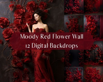 Moody Red Flower Wall Digital Backdrops,Gothic Romantic,Photoshop Overlays,Maternity Portrait Backdrop,Studio Photography Digital Background