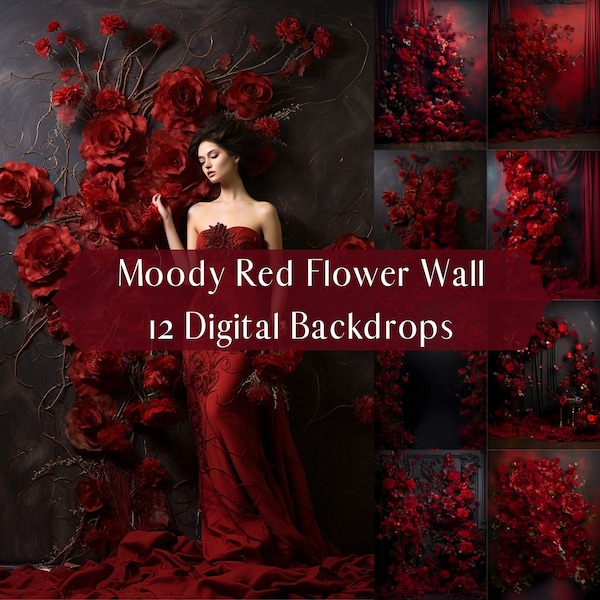 Stimmungsvolle rote Blumen Wand digitale Kulissen, Gothic romantisch, Photoshop Overlays, Mutterschaft Porträt Hintergrund, Studio Fotografie digitaler Hintergrund