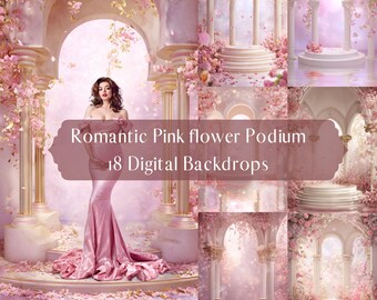 Bloemenboog digitale achtergrondbundel, roze bloem podium achtergrond, zwangerschapsportret fotocomposiet, Fine Art Studio, Photoshop-overlays