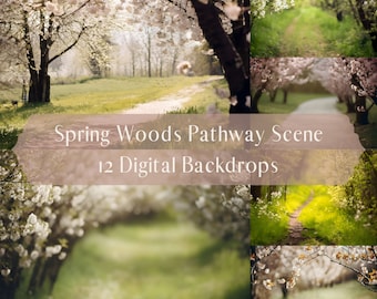 Toiles de fond numériques Spring Pathway, Blossom Woods, arrière-plan numérique photographie de maternité de fiançailles, superpositions Photoshop, composite
