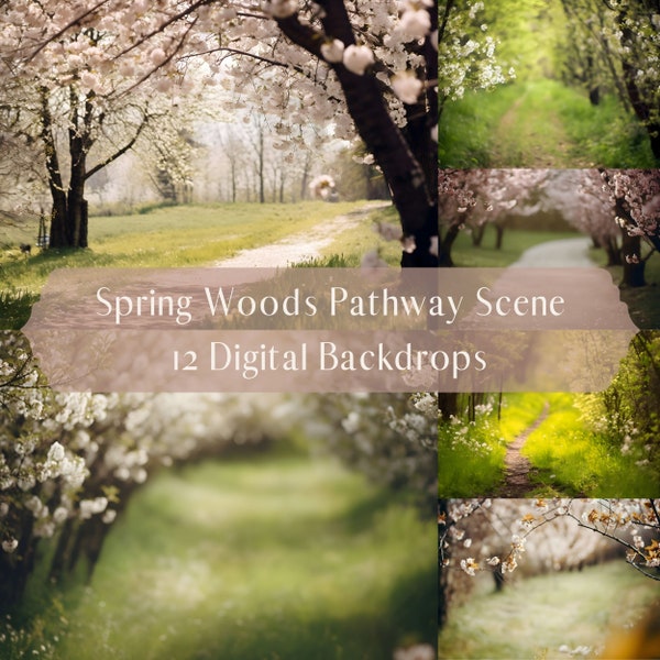 Spring Pathway Digital Backdrops, Blossom Woods, Family Engagement Maternity Photography Digital Background, Photoshop Overlays, Composite