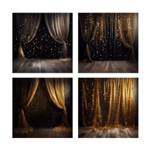 May include: Four different backdrop images featuring gold sheer curtains with sparkling lights against a dark background. The curtains are pulled back to reveal a wooden floor.