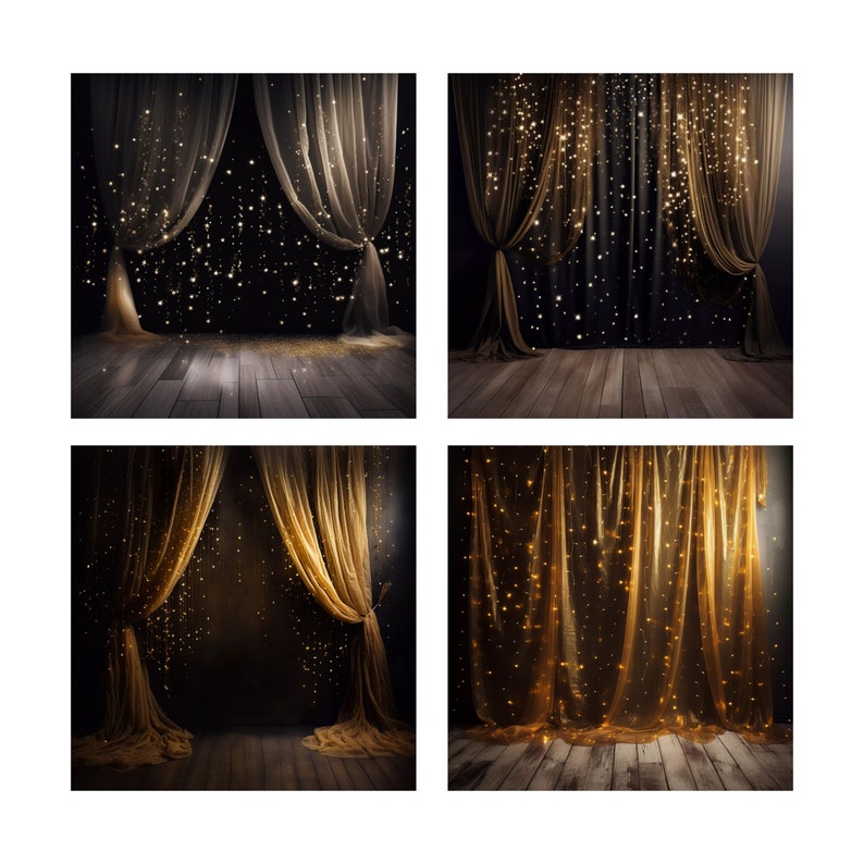 May include: Four different backdrop images featuring gold sheer curtains with sparkling lights against a dark background. The curtains are pulled back to reveal a wooden floor.
