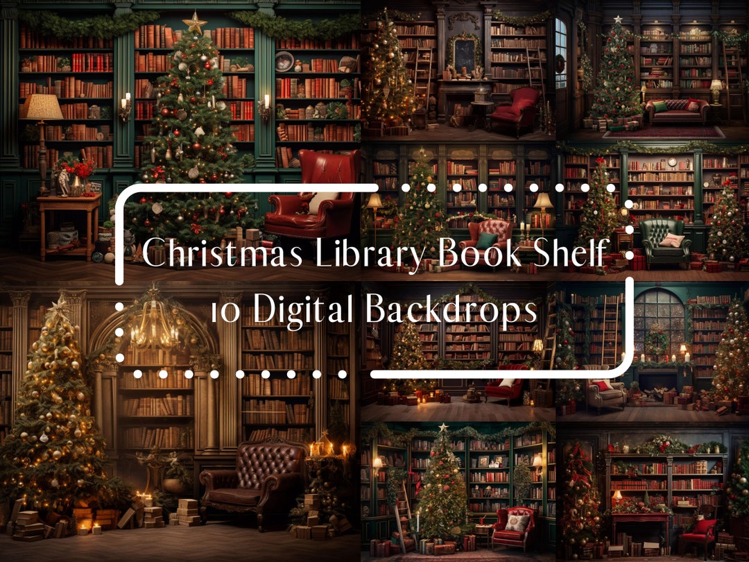 Christmas Library Book Shelf Digital Backdrops, Composite Backdrops ...