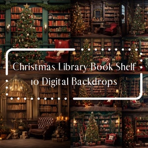 Christmas Library Book Shelf Digital Backdrops, Composite Backdrops Holiday, Photoshop overlays, Kids Family Photography Digital Background