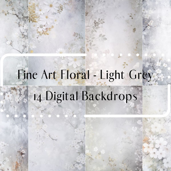 14 Soft Grey White Floral Fine Art Digital Backdrops, Photoshop Texture Overlays, Maternity Backdrop Overlays, hotography Digital Background