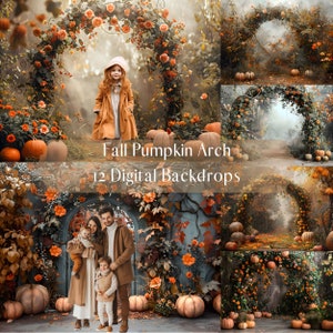 May include: A set of 12 digital backdrops featuring a fall pumpkin archway with orange pumpkins, green vines, and fall foliage. The backdrops are perfect for creating autumn-themed photos.