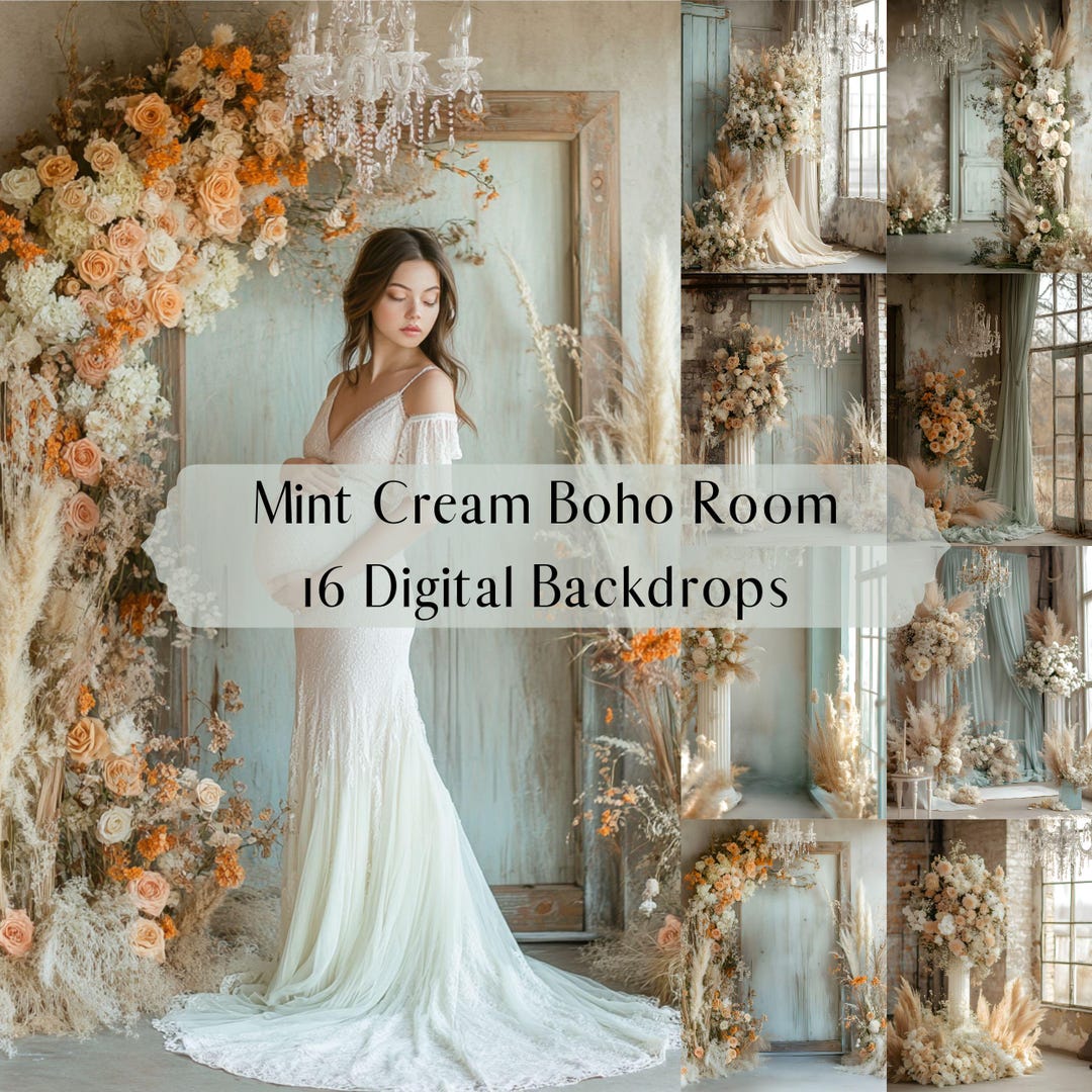Mint Cream Boho Room Digital Backdrops, Maternity Wedding Portrait ...