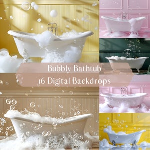 Peut inclure: Un ensemble de 16 fonds d'écran numériques représentant une baignoire blanche avec des bulles, sur fond de couleurs variées. Les fonds comprennent le jaune, le rose, le vert et un beige clair. Le texte "Bubbly Bathtub 16 Digital Backdrops" est affiché au centre de l'image.