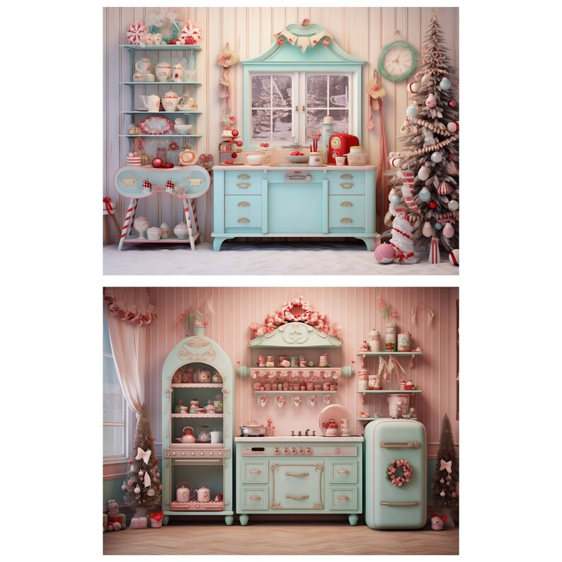 Christmas Retro Kitchen Digital Backdrops, Composite Backdrops Holiday ...