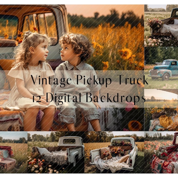 Vintage Pickup Truck Summer Digital Backdrops, Kids Family Engagement Photography Digital Background, Photoshop Overlays,Outdoor Golden Hour