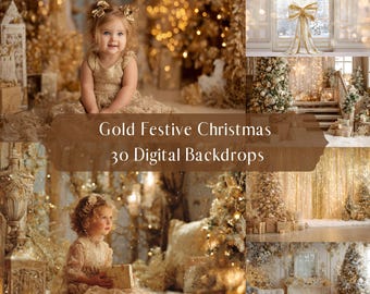 Gouden feestelijke kerst digitale achtergronden, studio-achtergronden vakantie, Photoshop-overlays, familie kinderfotografie digitale achtergrond, composiet