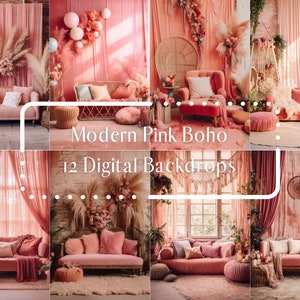 12 cenários digitais rosa Boho Room, sobreposições digitais de maternidade, sobreposições de Photoshop, fundo digital de fotografia de estúdio, sobreposição de retrato