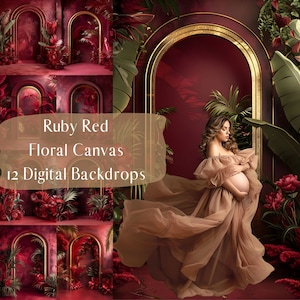 Puede incluir: Doce fondos digitales con un lienzo floral rojo rubí con arcos dorados y vegetación exuberante. Los fondos son perfectos para la fotografía y el arte digital.