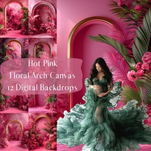 Hot Pink Romance Floral Arch Canvas Digital Backdrops, Maternity Portrait Photography Background, Photoshop Overlays, Creative Composite