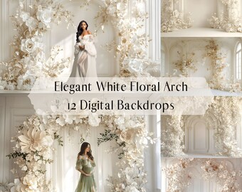 Fondos digitales elegantes con arcos florales blancos, superposiciones digitales para retratos de bodas y maternidad, fondo digital para sala de estudio, superposiciones para Photoshop