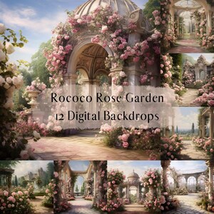 May include: A digital backdrop featuring a romantic Rococo-style rose garden with a white gazebo covered in pink roses. The garden has a stone path and columns with pink roses growing around them. The text "Rococo Rose Garden 12 Digital Backdrops" is displayed on the image.