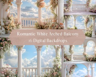 Romantisch wit gewelfd balkon Digitale achtergronden, bloemenboog, familiebetrokkenheid Zwangerschapsfotografie Digitale achtergrond, Photoshop-overlays