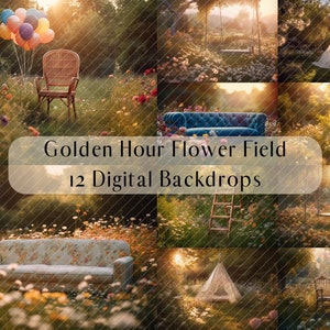 Flower Field Digital Backdrops, Maternity Kids Family Engagement Photography Digital Background, Photoshop Overlays, Outdoor Golden Hour