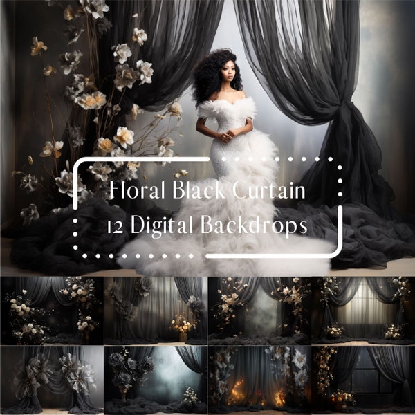 Fine Art Floral Black Curtain Toile de fond numérique, Gothique Romantique, Superpositions Photoshop, Fond de maternité, Fond numérique de photographie