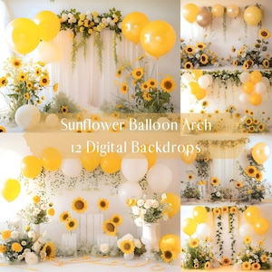 Peut inclure: Une toile de fond numérique représentant une arche de ballons de tournesol avec des ballons jaunes et blancs, des tournesols et de la verdure. La toile de fond est idéale pour une fête d'anniversaire, un mariage ou tout autre événement spécial.  Arche de ballons de tournesol 12 toiles de fond numériques