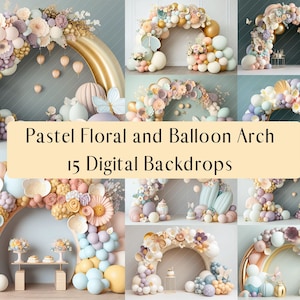 15 Pastel Balloon and Floral Arch Digital Backdrops, Studio Backdrops Easter, Photoshop overlays, Cake Smash Photography Digital Background
