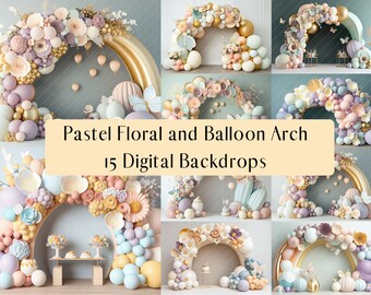 15 Pastel Balloon and Floral Arch Digital Backdrops, Studio Backdrops Easter, Photoshop overlays, Cake Smash Photography Digital Background