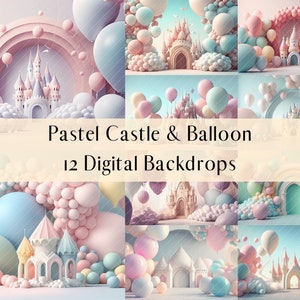 12 Pastel Balloon and Fairytale Castle Digital Backdrops, Studio Backdrops, Photoshop overlays, Cake Smash Photography Digital Background