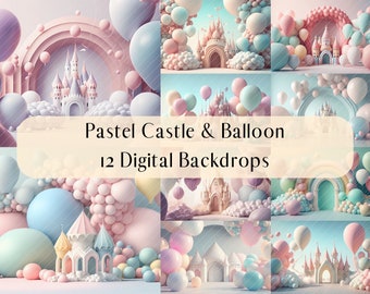 12 Pastel Balloon and Fairytale Castle Digital Backdrops, Studio Backdrops, Photoshop overlays, Cake Smash Photography Digital Background