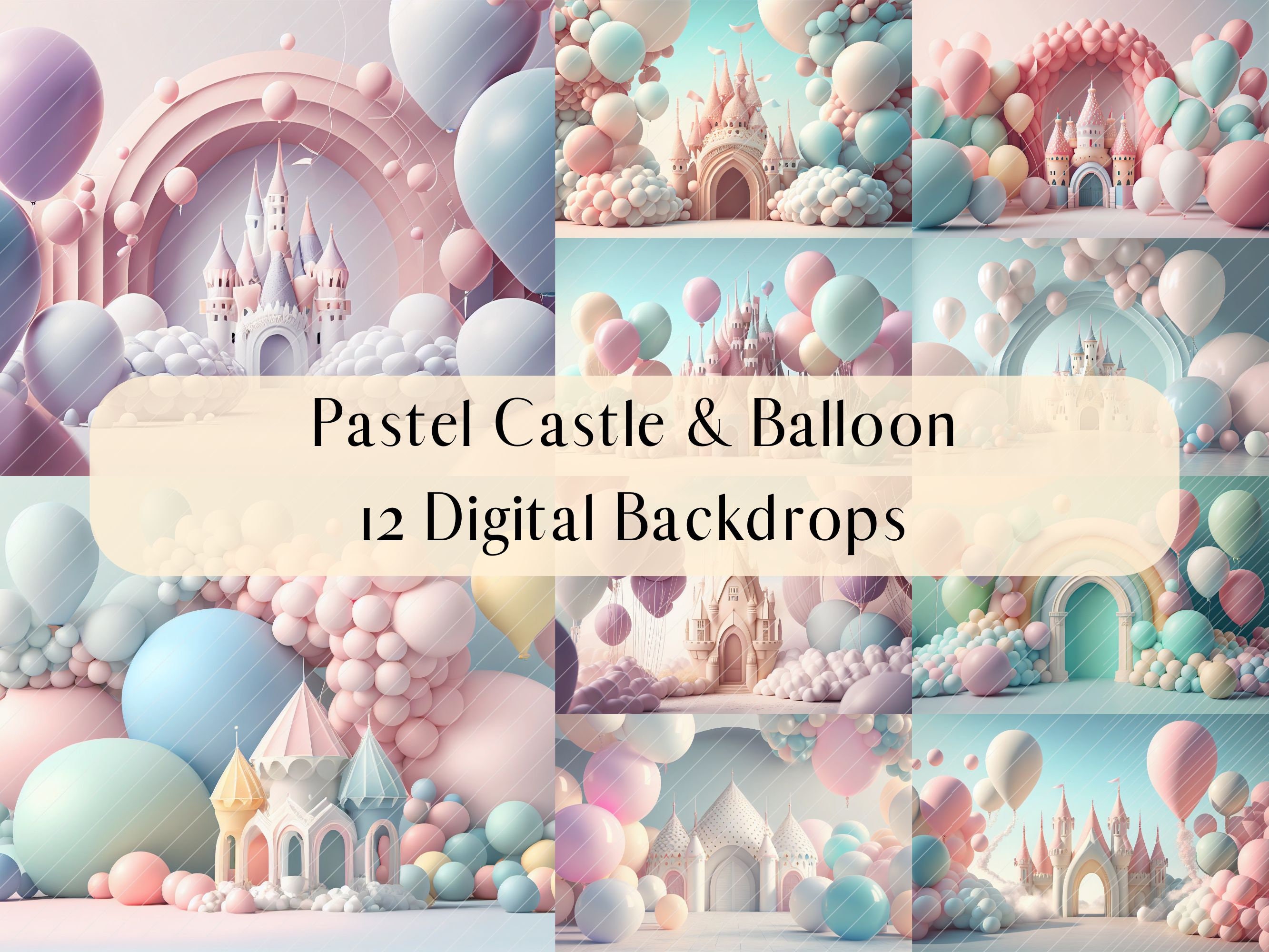 12 Pastel Balloon and Fairytale Castle Digital Backdrops, Studio ...