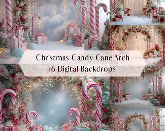 Kerst Candy Cane Floral Arch Digitale achtergronden, Studio-achtergronden Vakantie Winter, Photoshop-overlays, Kinderfotografie Digitale achtergrond