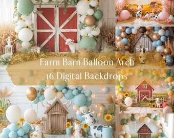 Farm Barn Balloon Arch Digital Backdrops, Child Photography Studio,Photoshop overlays,Cake Smash Background,Baby Birthday,Creative Composite