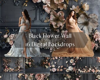 Black Flower Wall Digital Backdrops, Maternity Family Wedding Backdrop, Photoshop Overlays, Fine Art Studio Portrait Photography Backdrop
