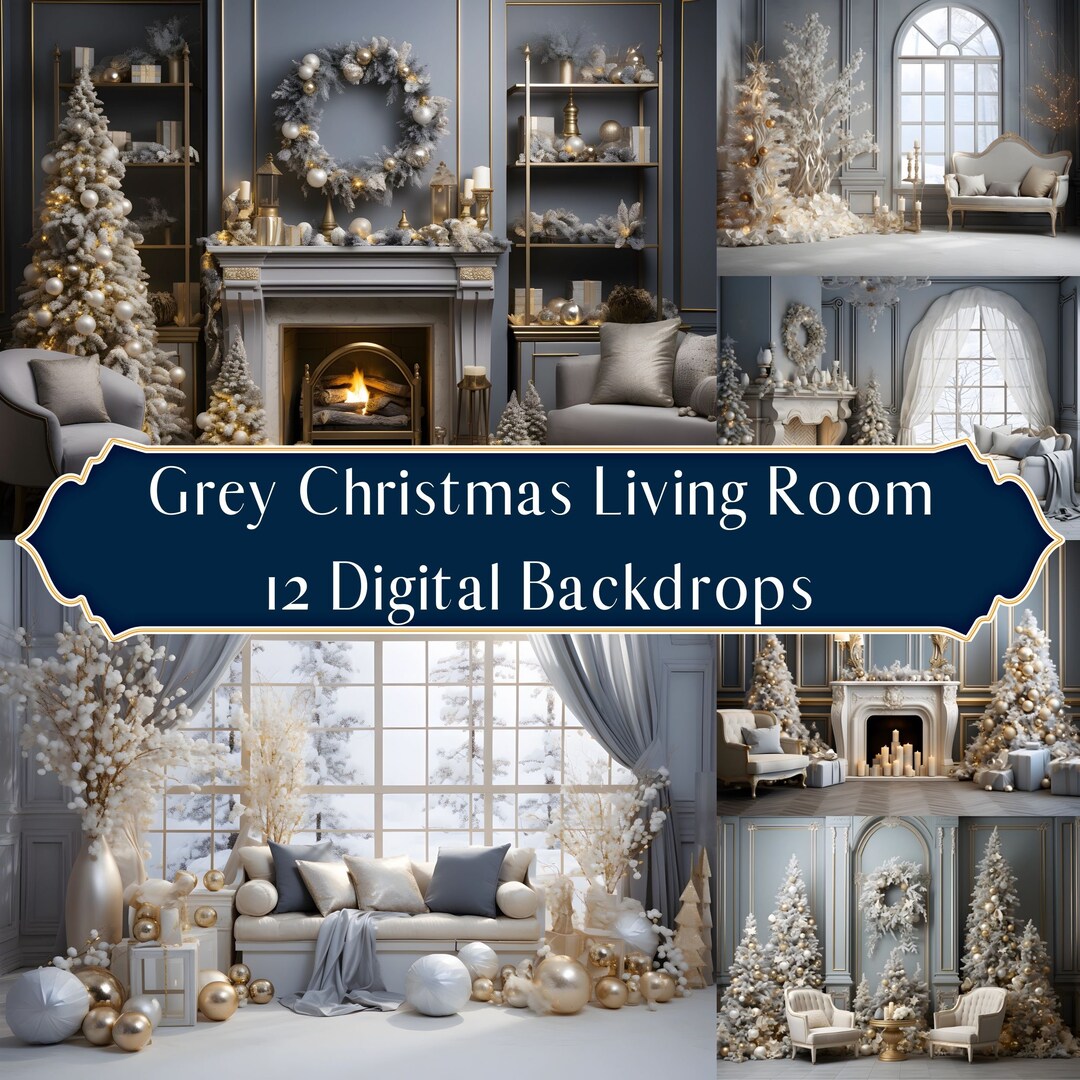 Grey Christmas Living Room Digital Backdrops Bundle, Composite ...