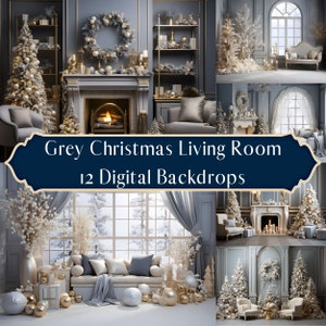 Grey Christmas Living Room Digital Backdrops Bundle, Composite Photography Holiday, Photoshop overlays, Family Maternity Digital Backgrounds