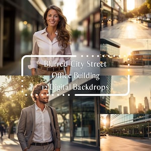 May include: A composite image showing a woman and a man in business attire, set against blurred cityscapes and office buildings. The text overlay reads "Blurred City Street Office Building 12 Digital Backdrops."